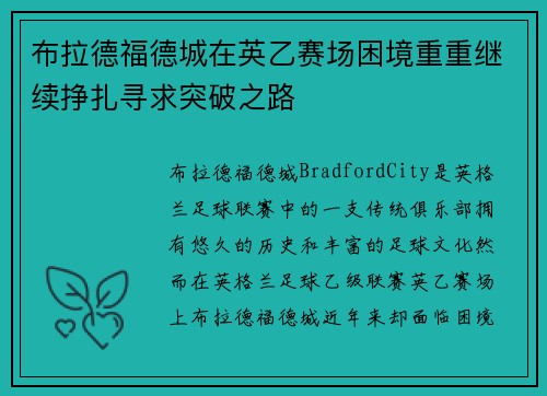 布拉德福德城在英乙赛场困境重重继续挣扎寻求突破之路