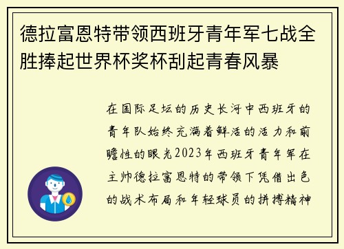 德拉富恩特带领西班牙青年军七战全胜捧起世界杯奖杯刮起青春风暴